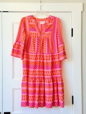 Vibrant Pink & Orange Printed Long-Sleeve Tiered Dress